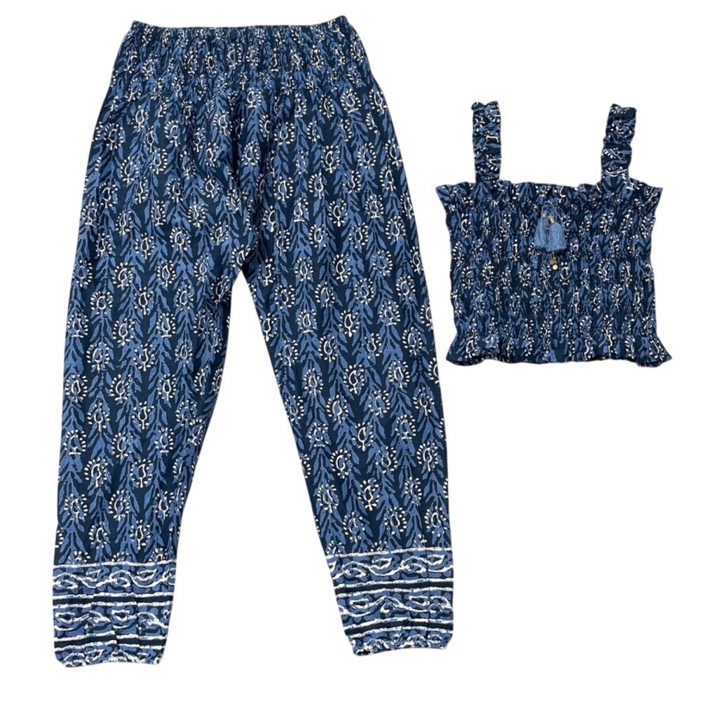 Bell Two Piece Set Girls 12 Blue Paisley Smocked Top Jogger Pants‎ Co-ord